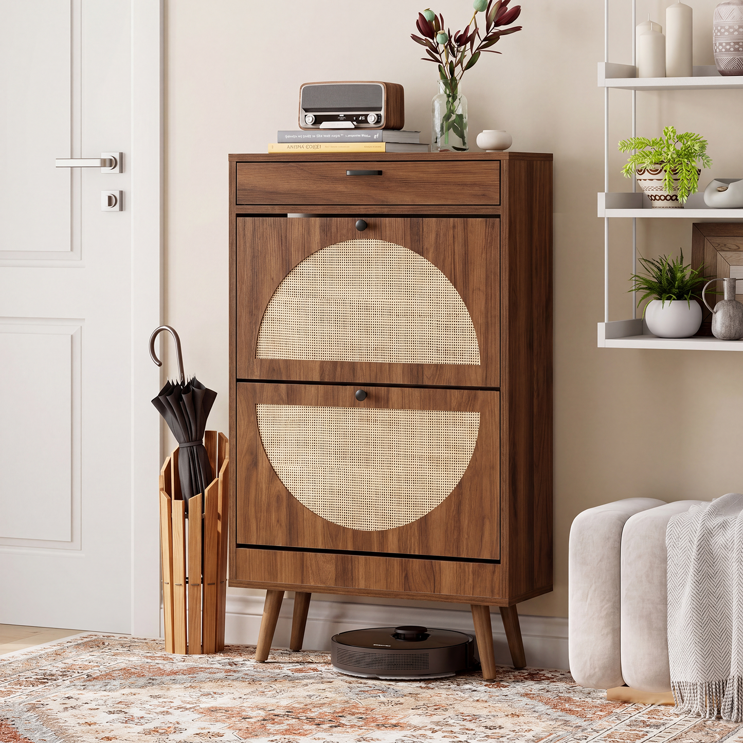 Brafabhome Narrow Shoe Storage Cabinet with 2 Flip Drawers, Rattan Floor Shoe Holder with Shelves & Sturdy Legs for Entryway | 12 Pairs
