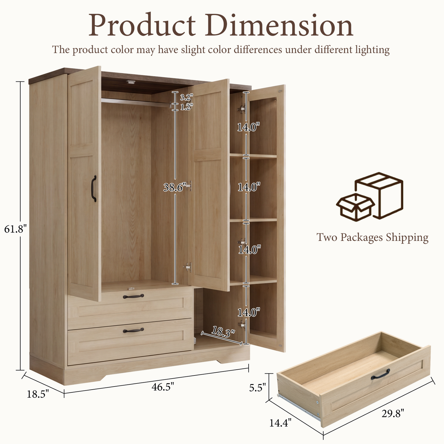 Brafabhome 62"H Wooden Armoire Wardrobe Closet with 2 Drawers, 3 Doors Modern Wardrobe Cabinet with Mirror and Adjustable Shelf for Clothes Coats