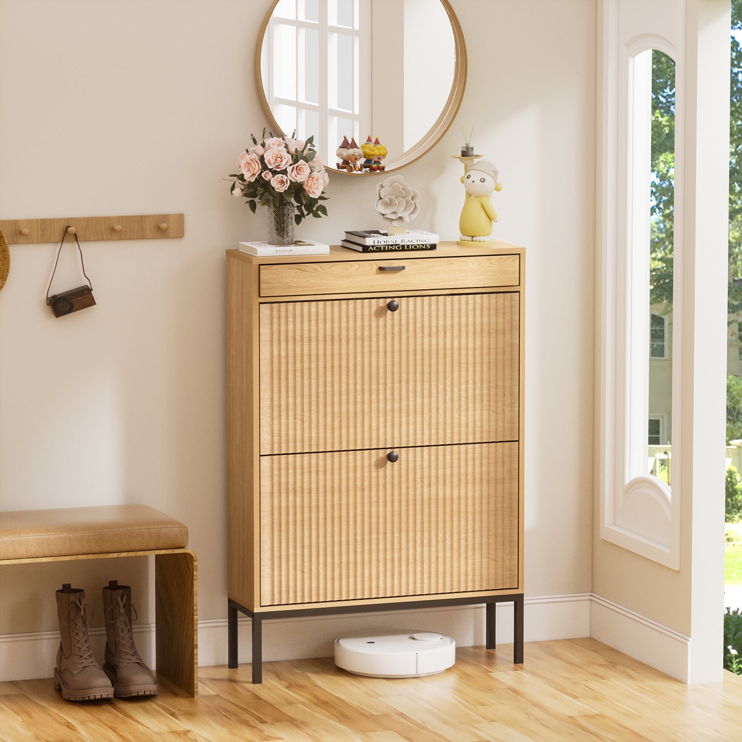 Brafabhome Shoe Storage Cabinet Slim Entryway Shoe Organizer with Half linear Circle Doors