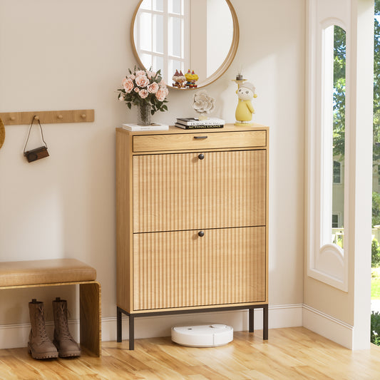 Brafabhome Shoe Storage Cabinet Slim Entryway Shoe Organizer with Half linear Circle Doors