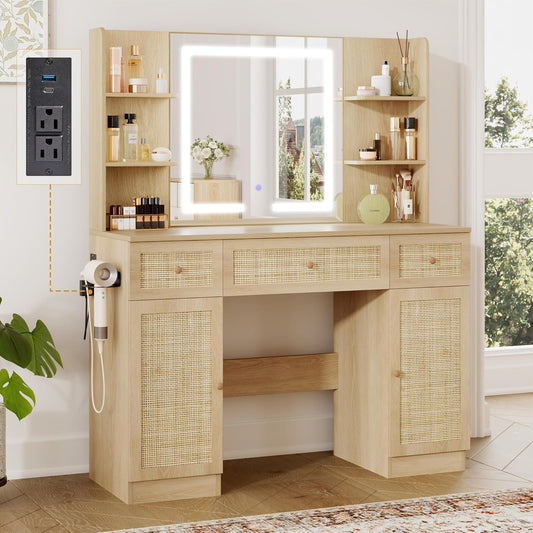 Brafabhome Boho Makeup Vanity Table with Lighted Mirror and USB Power, Rattan Vanity Table with Storage Shelves and Hair Dryer Stand for Makeup Room Bedroom