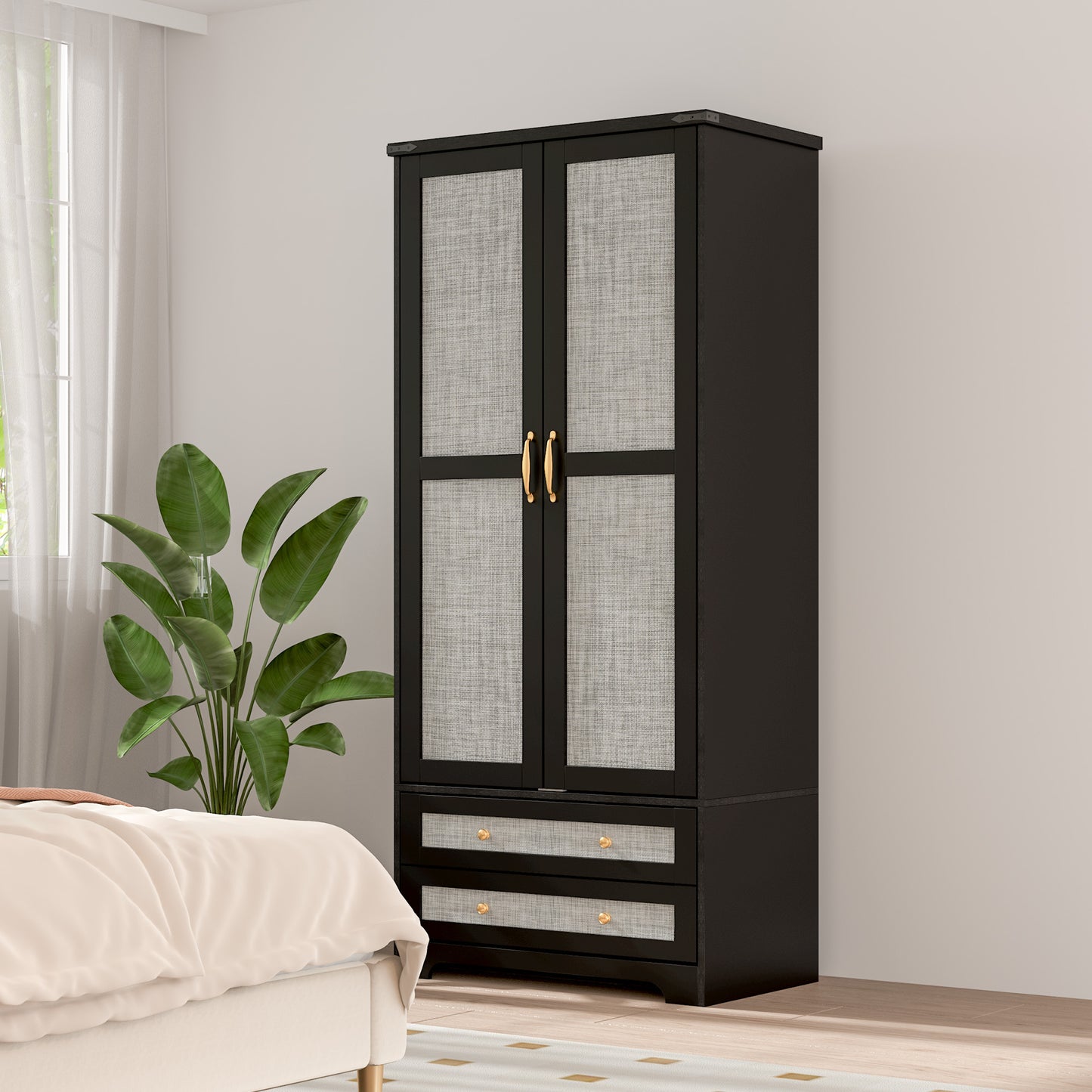 Brafabhome Farmhouse Wood Armoire Wardrobe Closet with 2 Doors, 71" Tall Freestanding Wardrobe Clothes Cabinet with Drawers and Hanging Rod for Bedroom