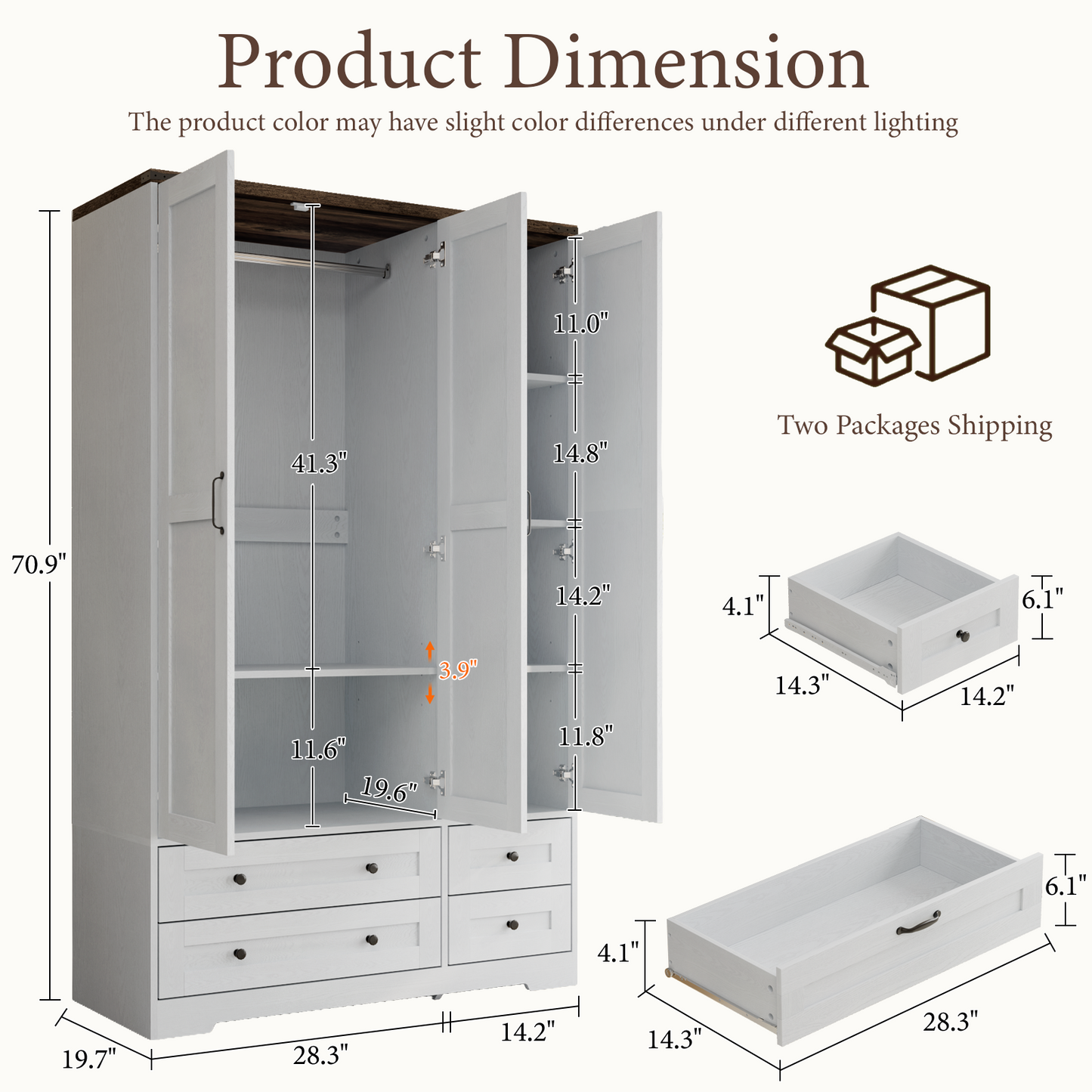 Brafabhome 71"H Wooden Armoire Wardrobe Closet with 4 Drawers, 3 Doors Modern Wardrobe Cabinet with Mirror and Adjustable Shelf for Clothes Coats, White