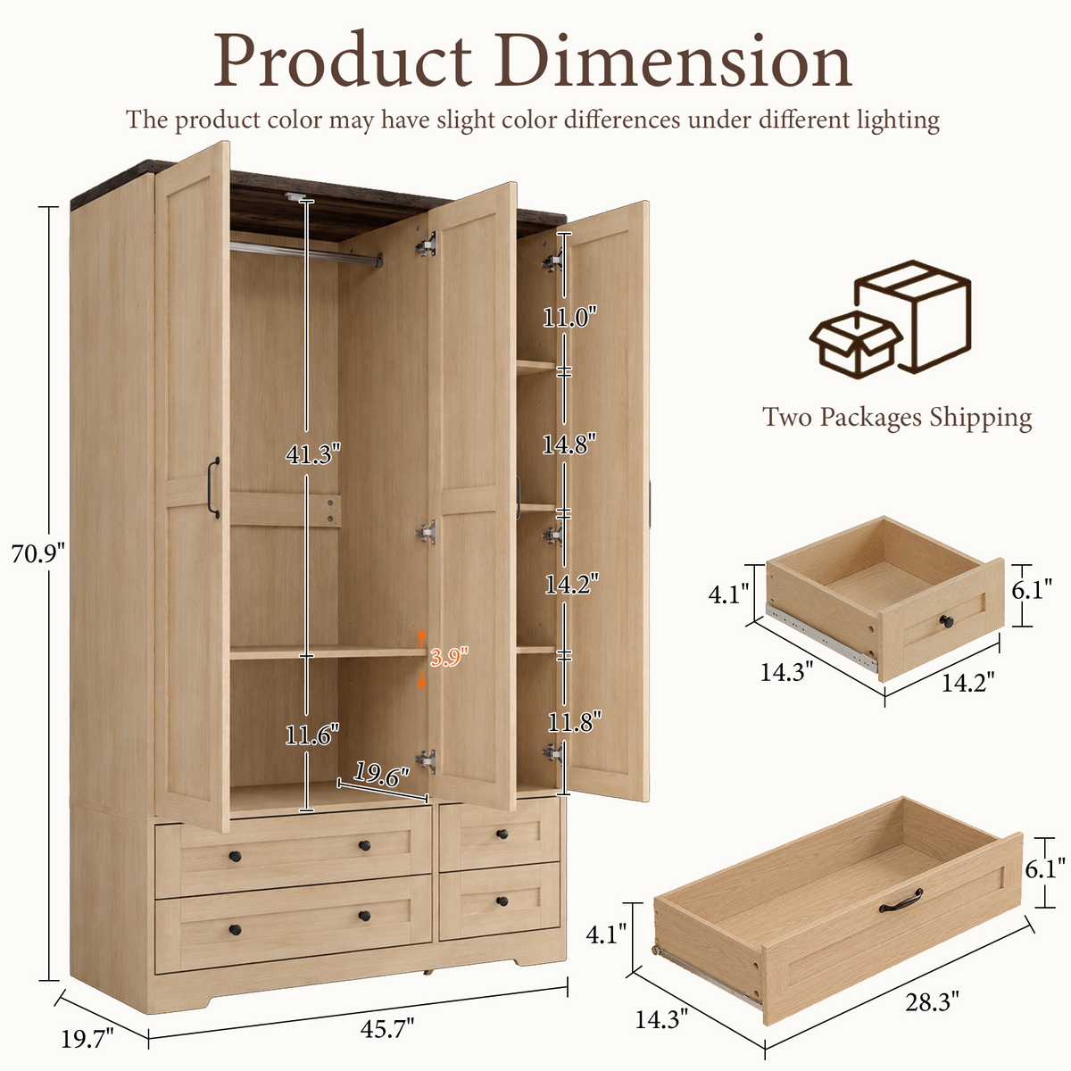 Brafabhome 71"H Wooden Armoire Wardrobe Closet with 4 Drawers, 3 Doors Modern Wardrobe Cabinet with Mirror and Adjustable Shelf for Clothes Coats, White