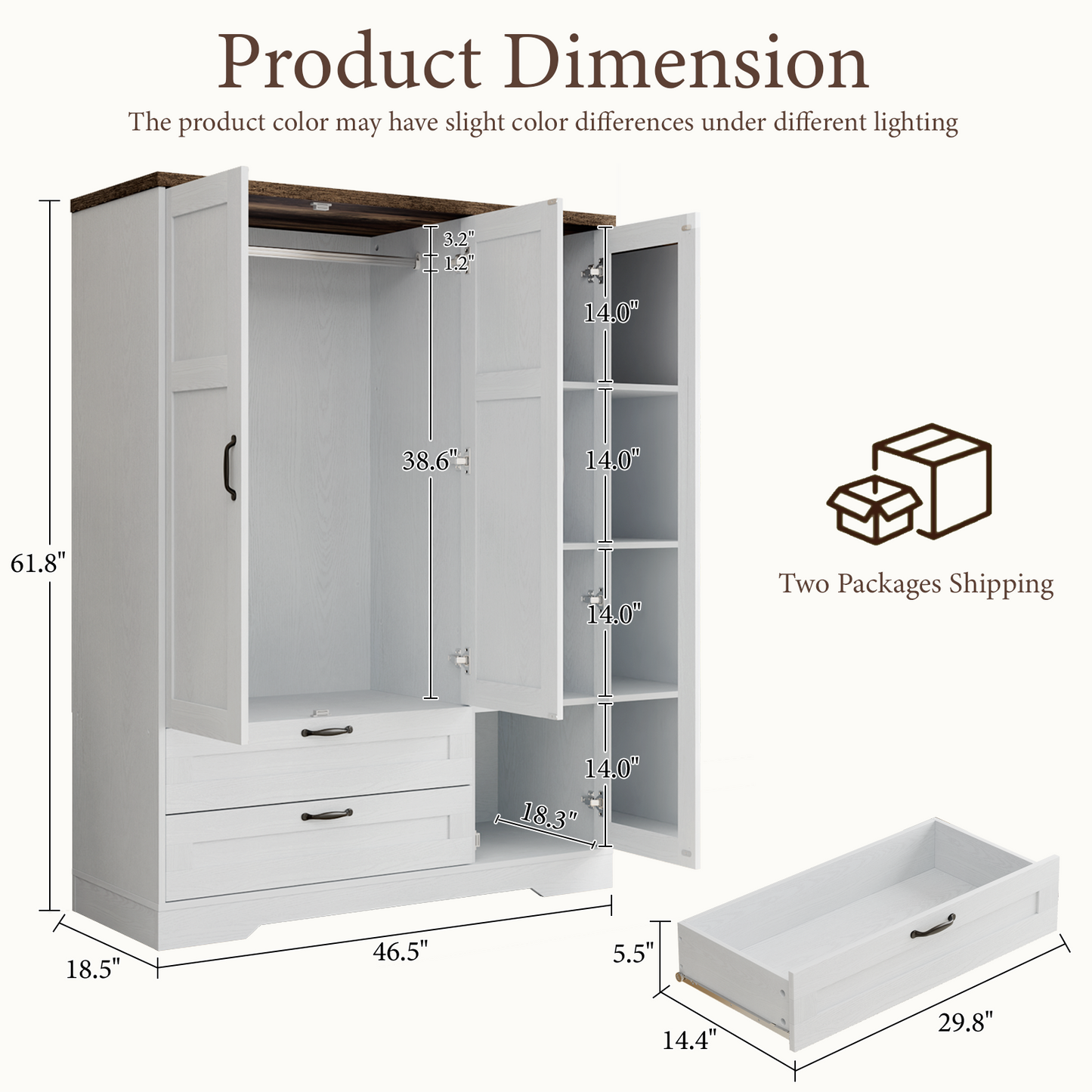 Brafabhome 62"H Wooden Armoire Wardrobe Closet with 2 Drawers, 3 Doors Modern Wardrobe Cabinet with Mirror and Adjustable Shelf for Clothes Coats