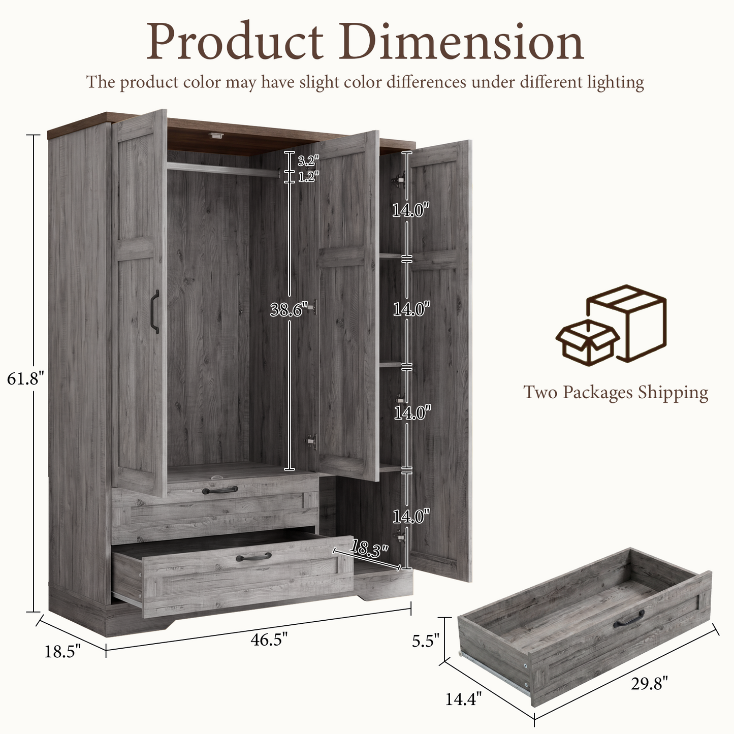 Brafabhome 62"H Wooden Armoire Wardrobe Closet with 2 Drawers, 3 Doors Modern Wardrobe Cabinet with Mirror and Adjustable Shelf for Clothes Coats