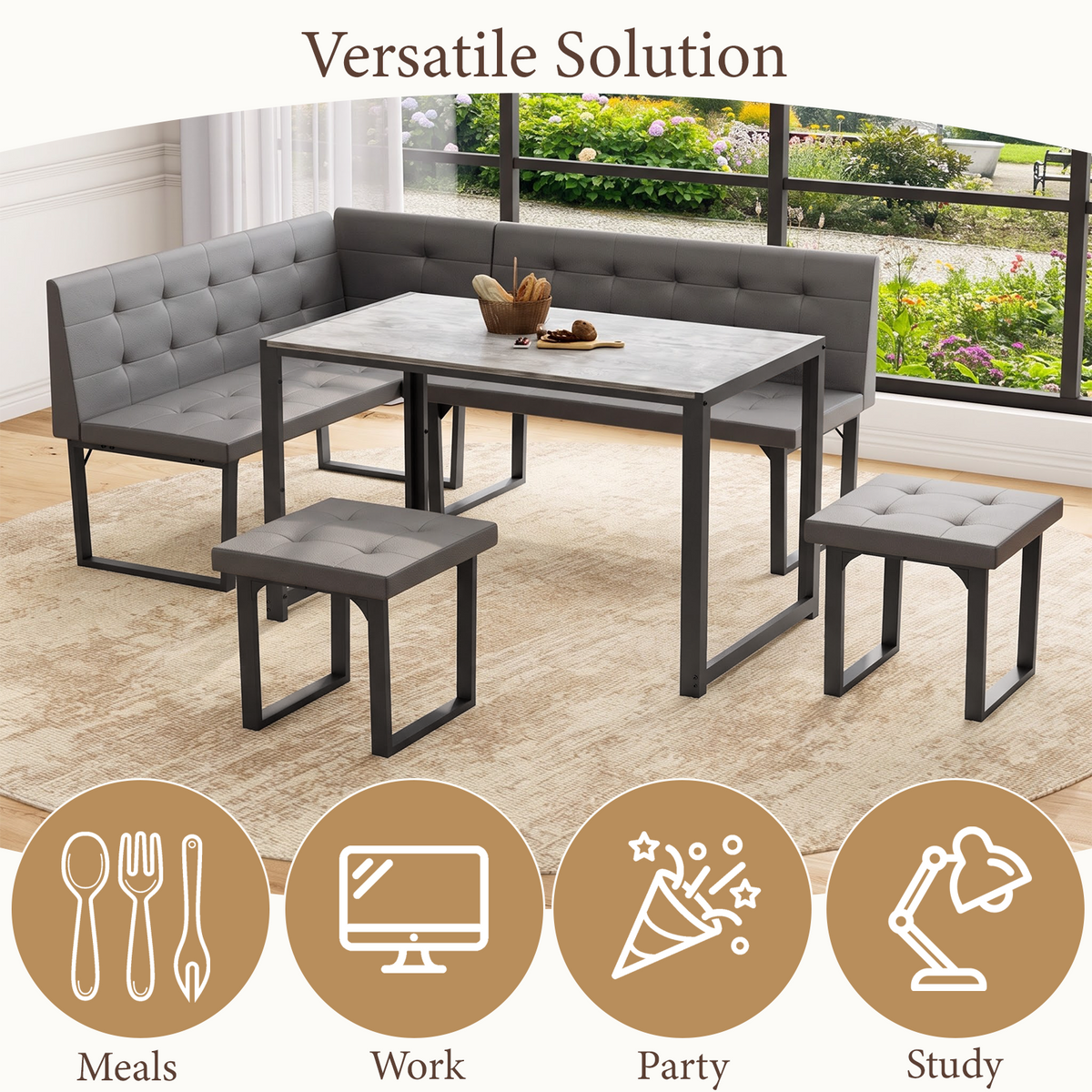 Brafabhome 5 Piece 70 Inch Corner Dining Table Set, Modern L-Shaped Breakfast Nook with Upholstered Banquette, Kitchen Table with Storage for 6, Easy Assembly | Gray