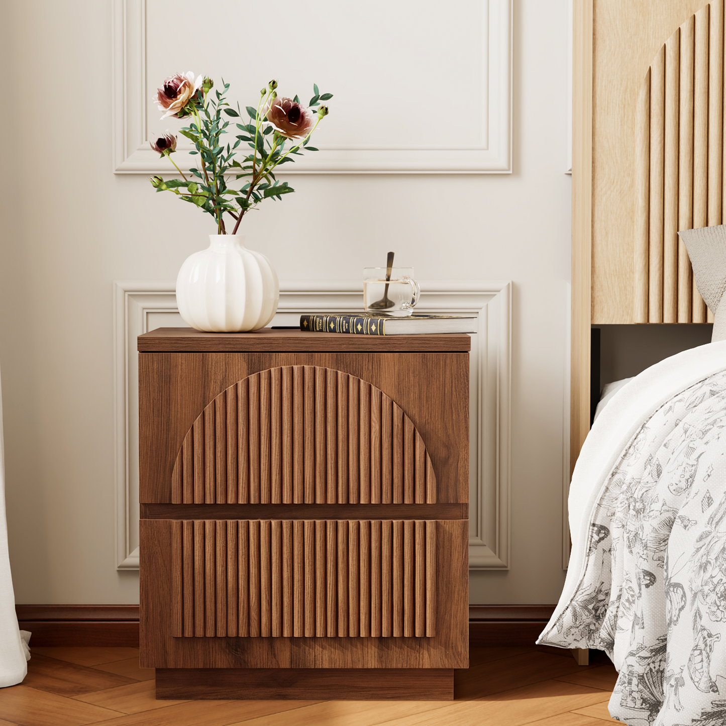 Brafabhome Wood Nightstands with Charging Station, Arched Reeded Night Stand with 2 Drawers, Modern Bedside Tables for Bedroom Living Room