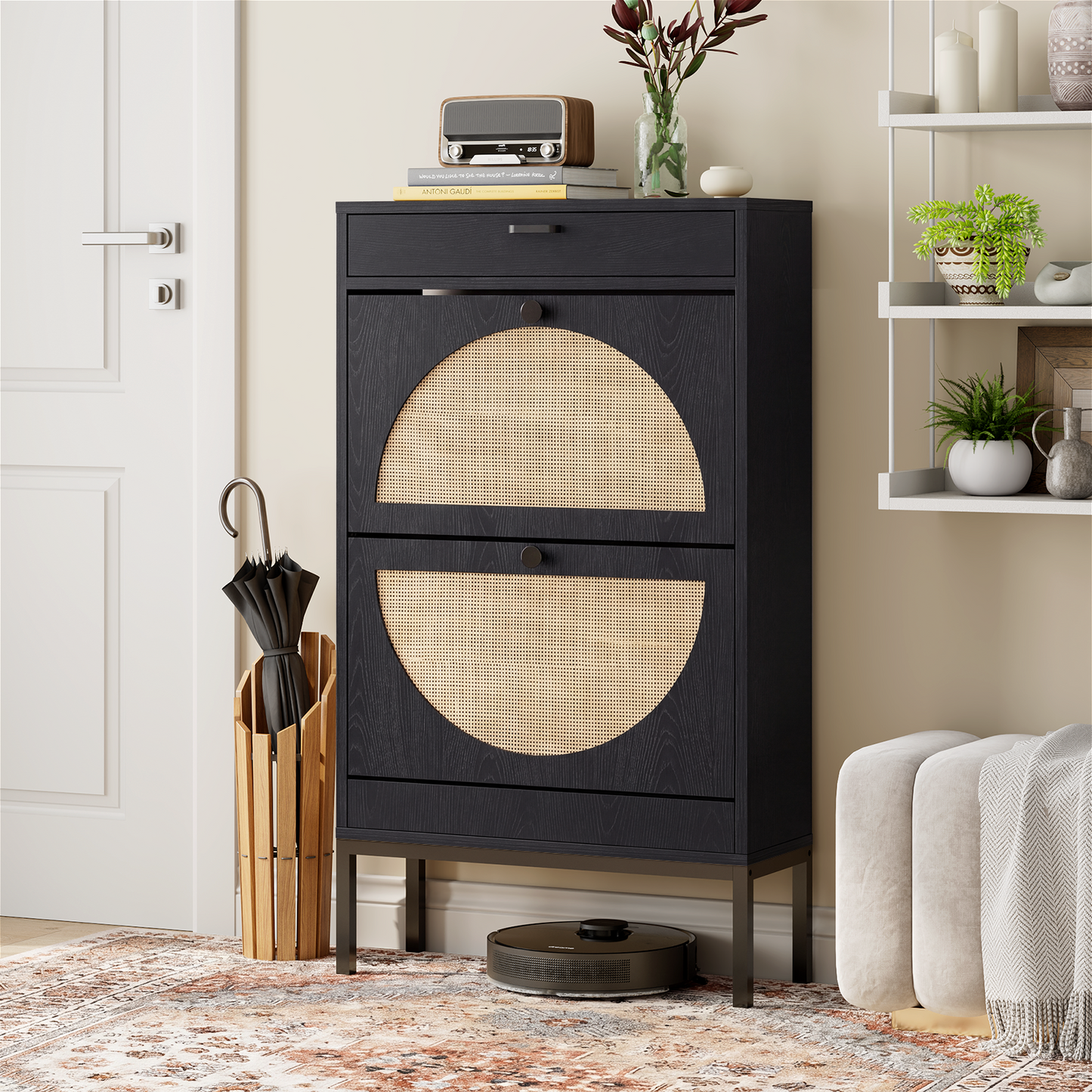 Brafabhome Narrow Shoe Storage Cabinet with 2 Flip Drawers, Rattan Floor Shoe Holder with Shelves & Sturdy Legs for Entryway | 12 Pairs