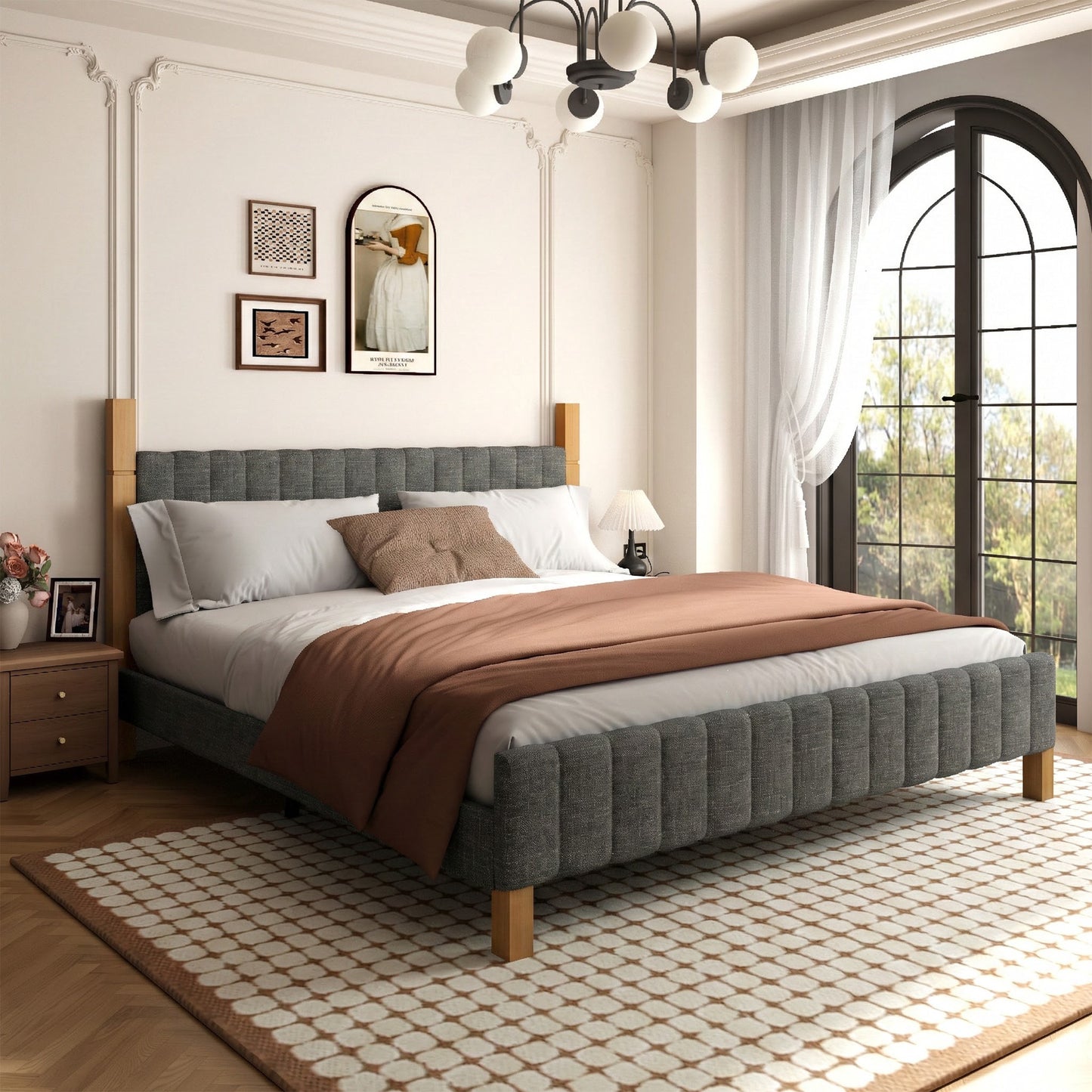 Brafabhome Bed Frame with Upholstered Headboard, Modern Wood Bed Frame with Solid Wood Posts, No Box Spring Needed, Beige Linen
