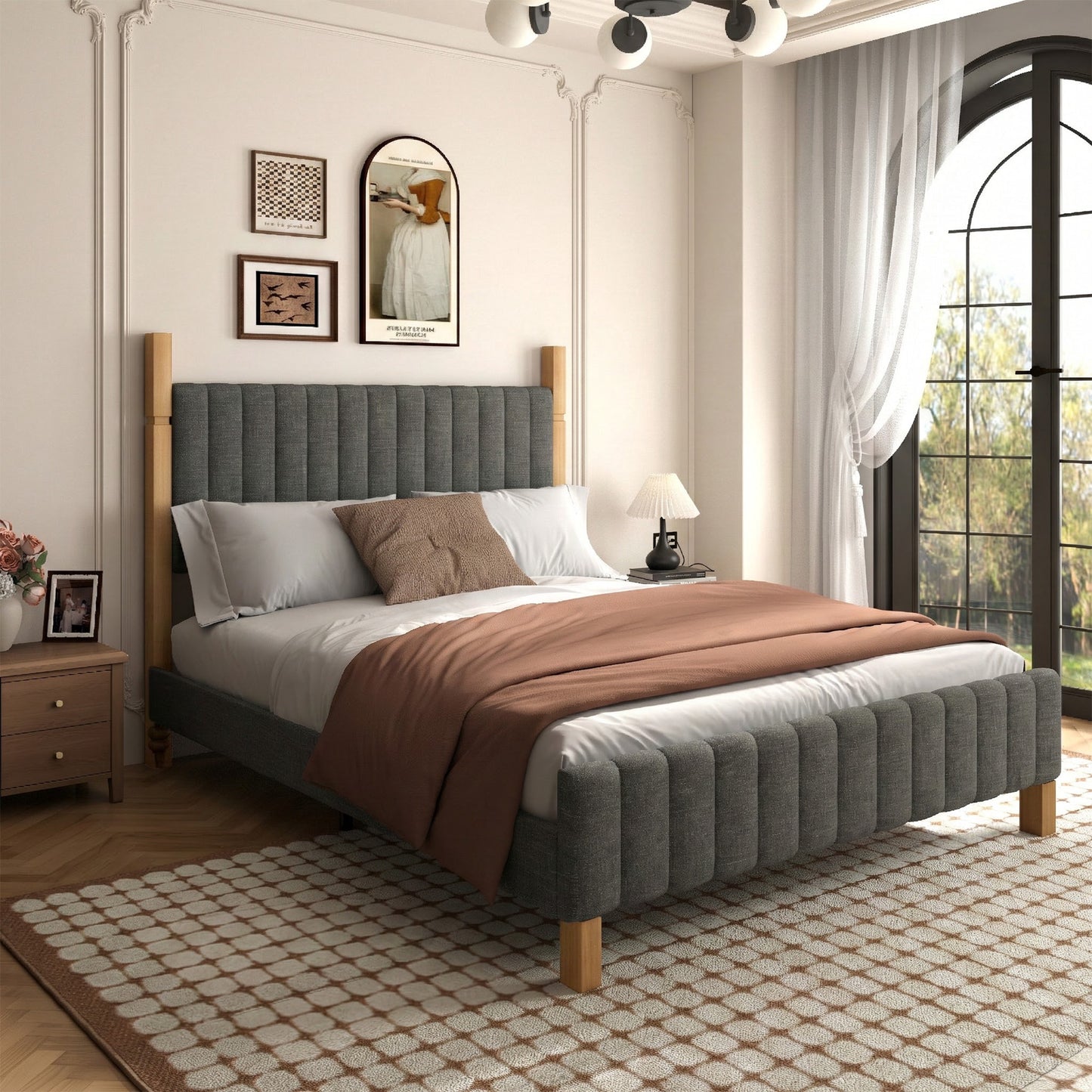 Brafabhome Bed Frame with Upholstered Headboard, Modern Wood Bed Frame with Solid Wood Posts, No Box Spring Needed, Beige Linen