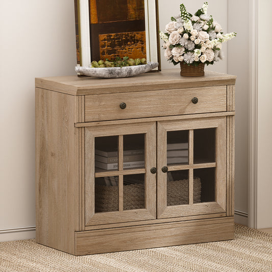 Brafabhome 31.5"W Sideboard Cabinet with Drawer & Glass Doors, Farmhouse Buffet Storage Credenza with Adjustable Shelf, Modern Coffee Bar Console for Living Room Dining Room | Light Oak