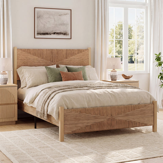 Brafabhome Solid Wood Bed Frame with Tall Headboard, Boho 3D Hand-Woven PE Rattan Bed Frame with Metal Slats, No Box Spring Needed, 1000 lbs