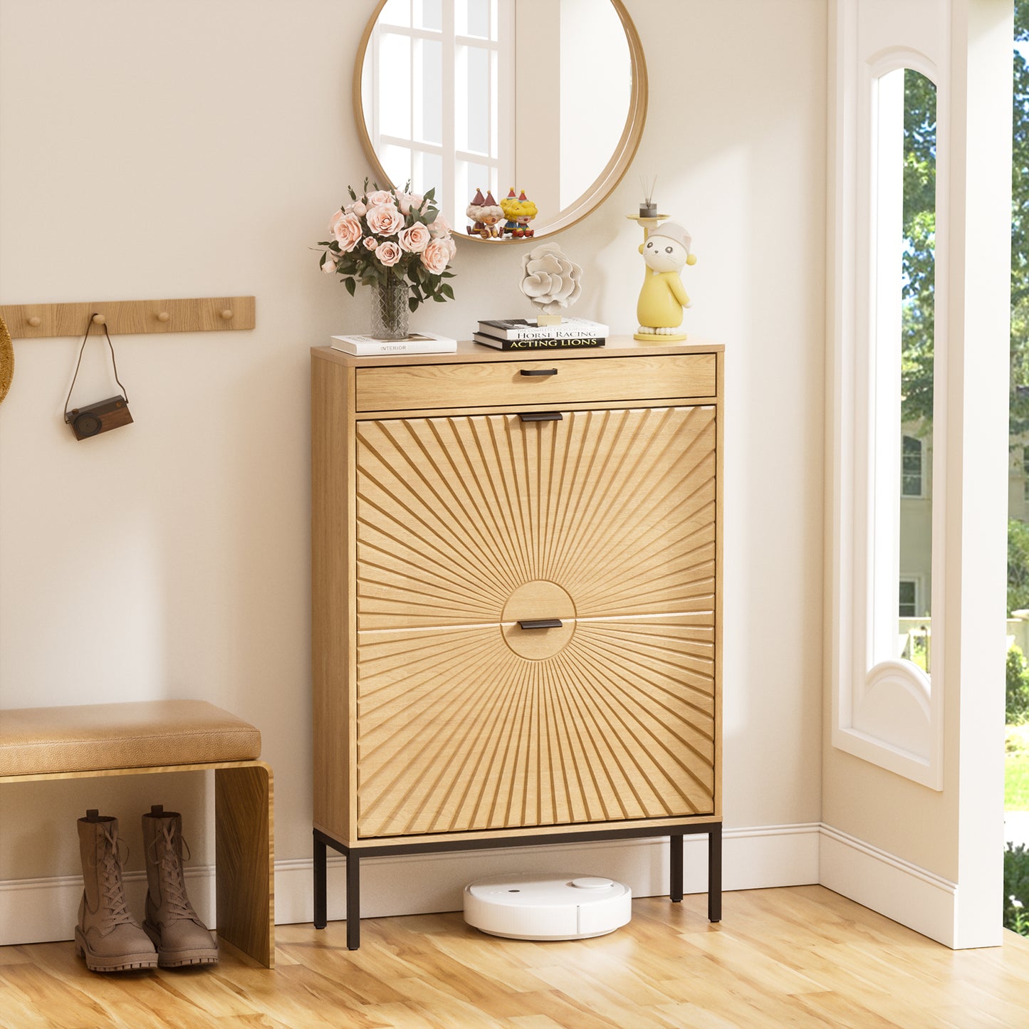 Brafabhome Shoe Storage Cabinet Slim Entryway Shoe Organizer with Half linear Circle Doors