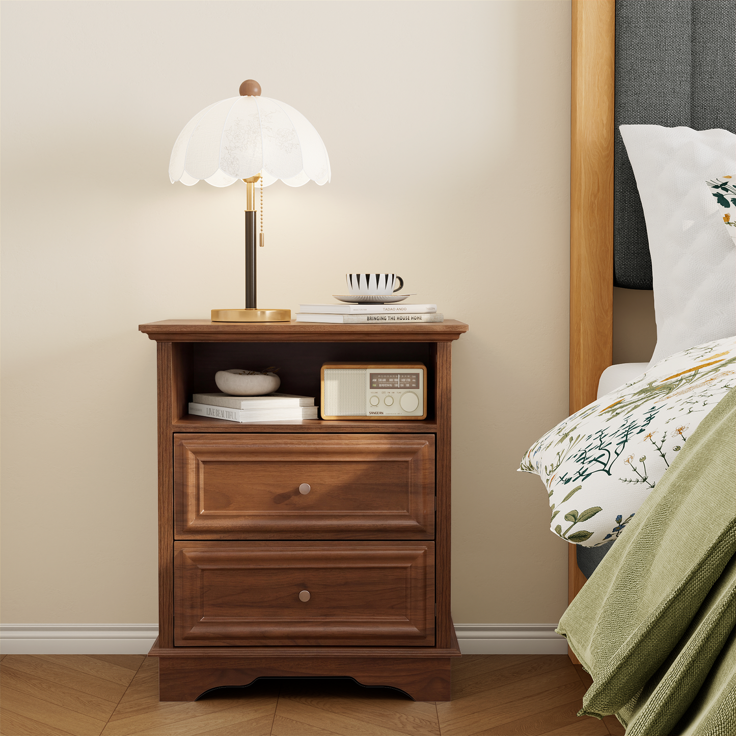 Brafabhome Farmhouse Mid Century Modern Nightstand, 2-Drawer 25" Tall Wood