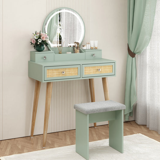 Brafabhome Vintage Boho Vanity Table Set with Adjustable Lighted Mirror and Stool, Modern Dressing Table Set with Drawers and Storage Shelves for Makeup Room Bedroom | Green