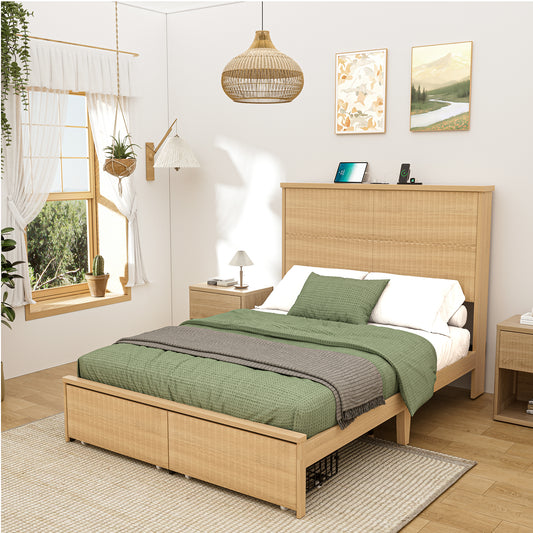 Brafabhome Accent Fluted Queen Bed Frame with Charging Station Headboard, Retro Wood Platform Bed Frame with Solid Wood Leg and 2 Storage Drawers for Bedroom Apartment, No Box Spring Needed