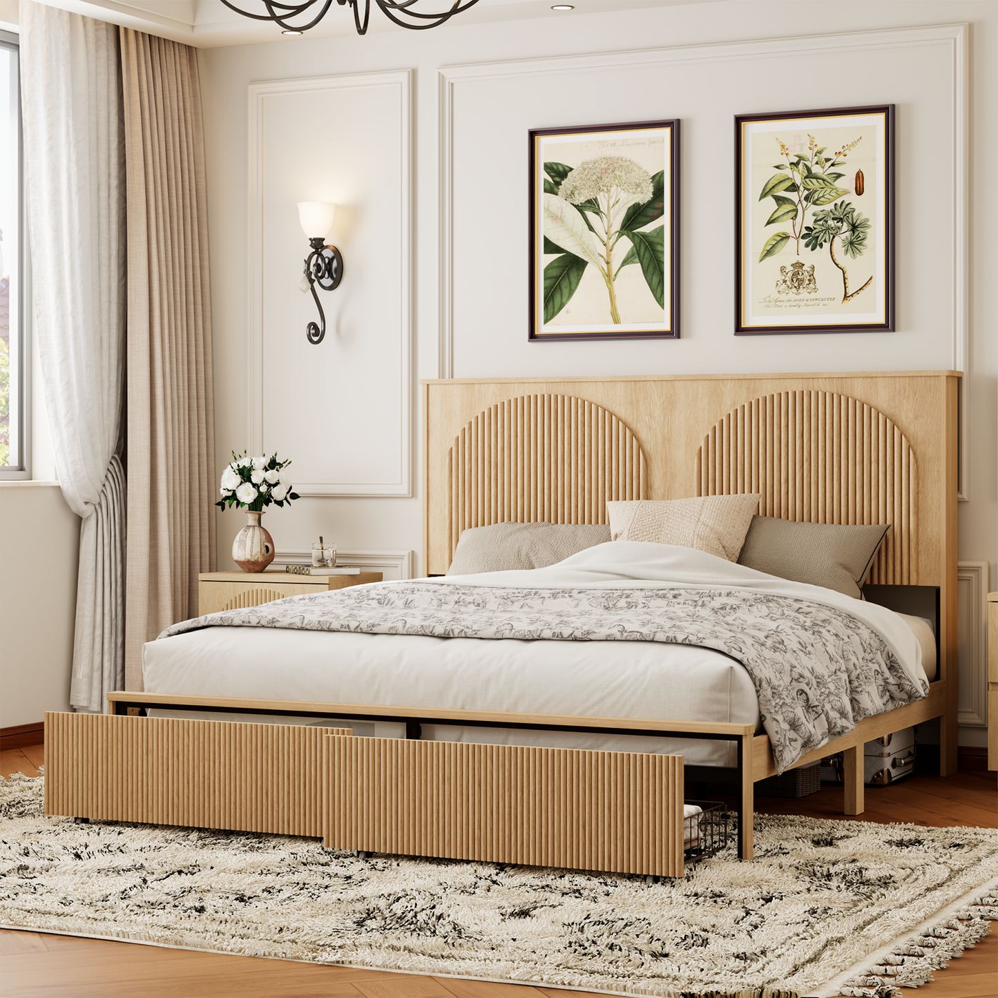 Brafabhome Bed Frame with 52.4" Tall Headboard, Wooden Fluted Bed Frame with 2 Storage Drawers, Modern Arched Reeded Platform Bed, No Box Spring Needed, Natural Oak