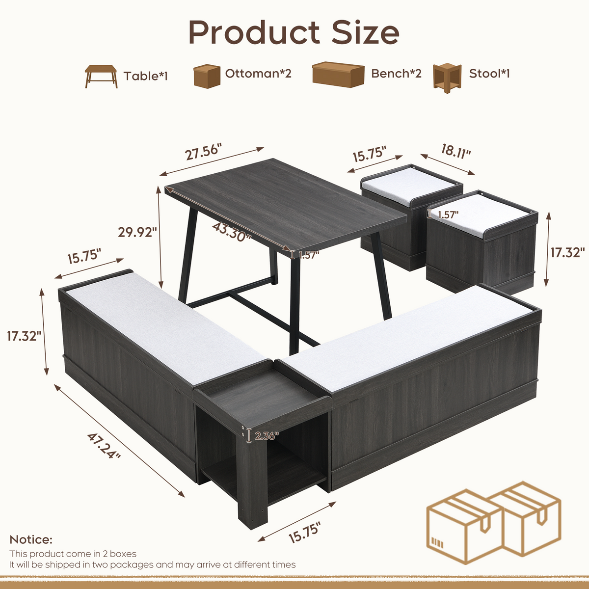 Brafabhome 6 PCS Dining Table Set with Storage Bench, Modern Corner Breakfast Nook with Cushions Stool for 6, Suitable for Kitchen and Dining Room