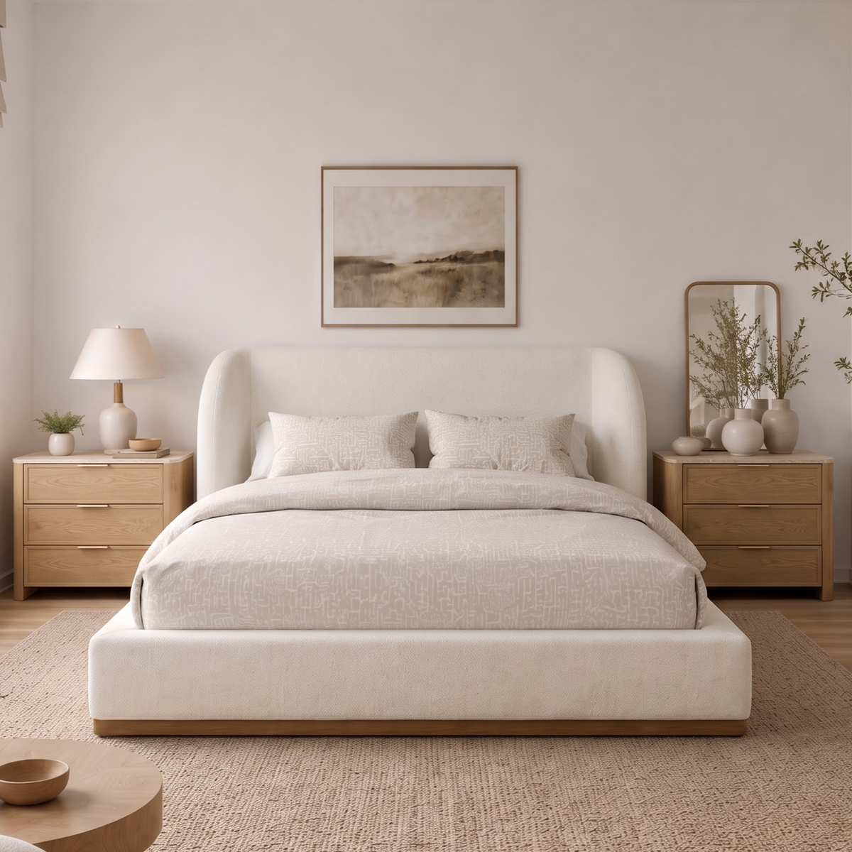 Brafabhome Cloud Bed Frame with Sculpted Wingback Headboard, Upholstered Platform Bed Frame with Wood-Grain Leather-Look Contrast, No Box Spring Needed, Easy Assembly