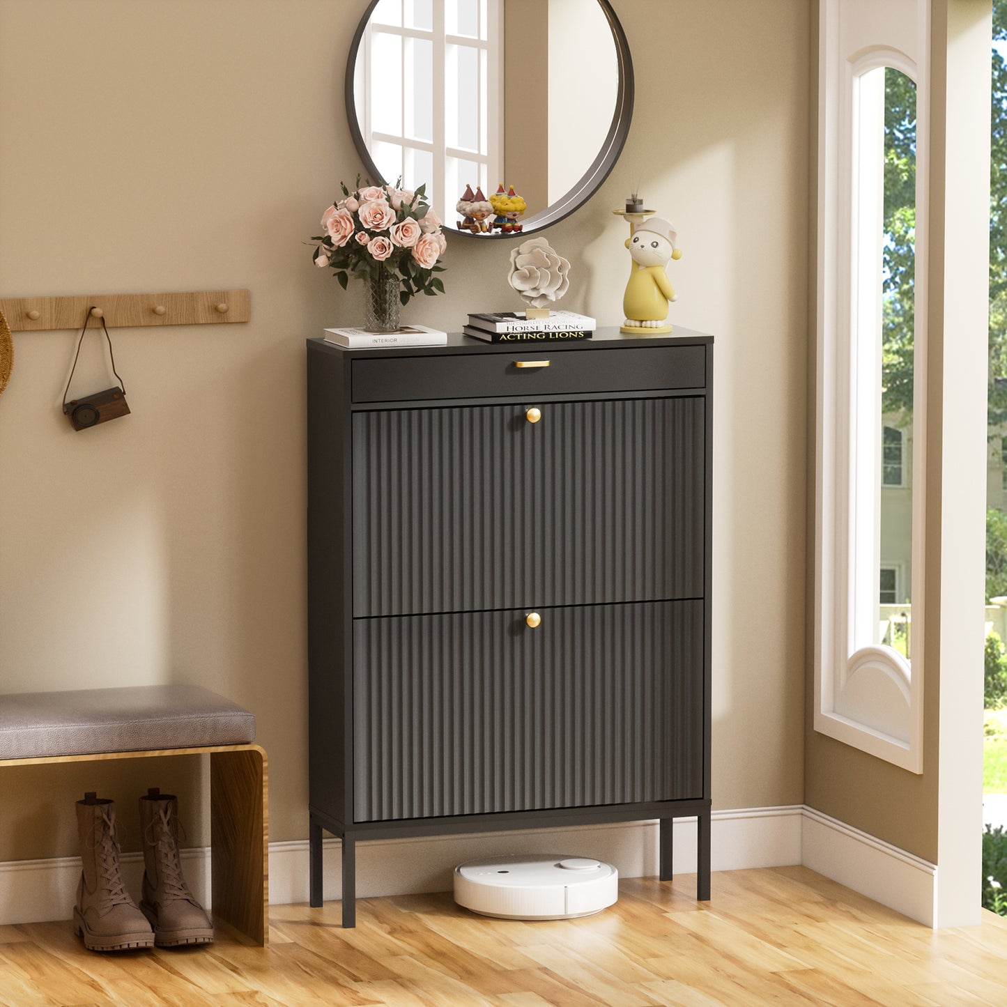 Brafabhome Shoe Storage Cabinet Slim Entryway Shoe Organizer with Half linear Circle Doors