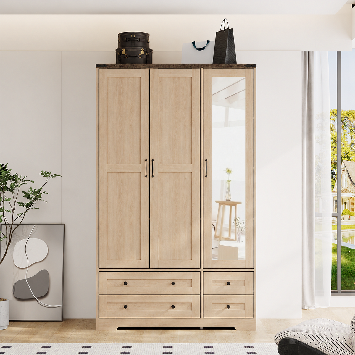 Brafabhome 71"H Wooden Armoire Wardrobe Closet with 4 Drawers, 3 Doors Modern Wardrobe Cabinet with Mirror and Adjustable Shelf for Clothes Coats, White