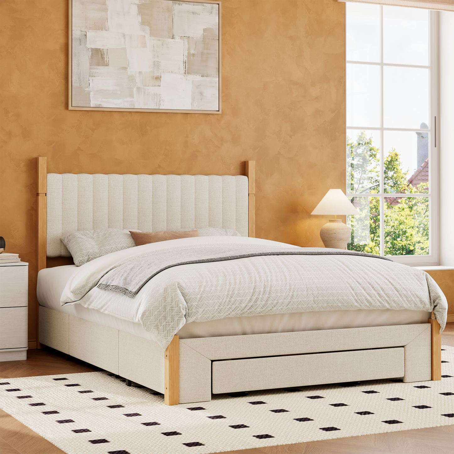 Brafabhome Queen Bed Frame with Upholstered Headboard, Modern Wood Platform Bed Frame with 3 Storage Drawers, No Box Spring Needed, Beige Linen