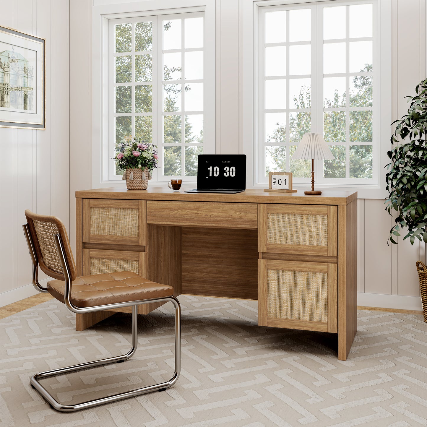 Brafabhome 57" Rattan Executive Desk with 5 Storage Drawers, Modern Study Writing Table Wooden Computer Desks with Charging Station for Home Office Bedroom