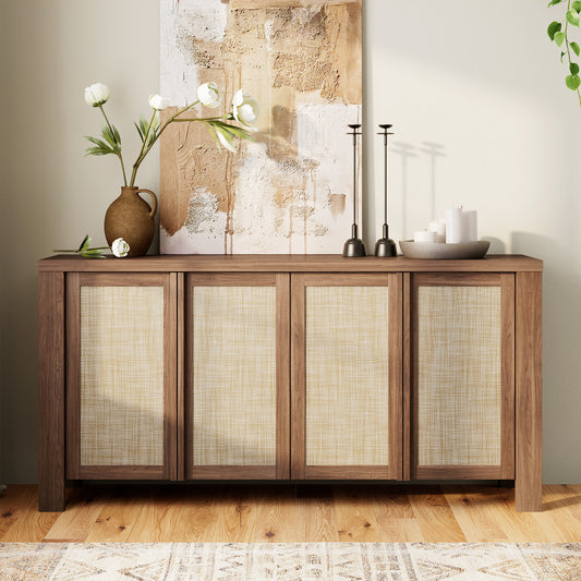 Brafabhome 63" Wide Sideboard with Solid Wood Handles, 4 Doors Buffet Cabinet with Storage Shelf for Living Room, Dining Room, Entryway