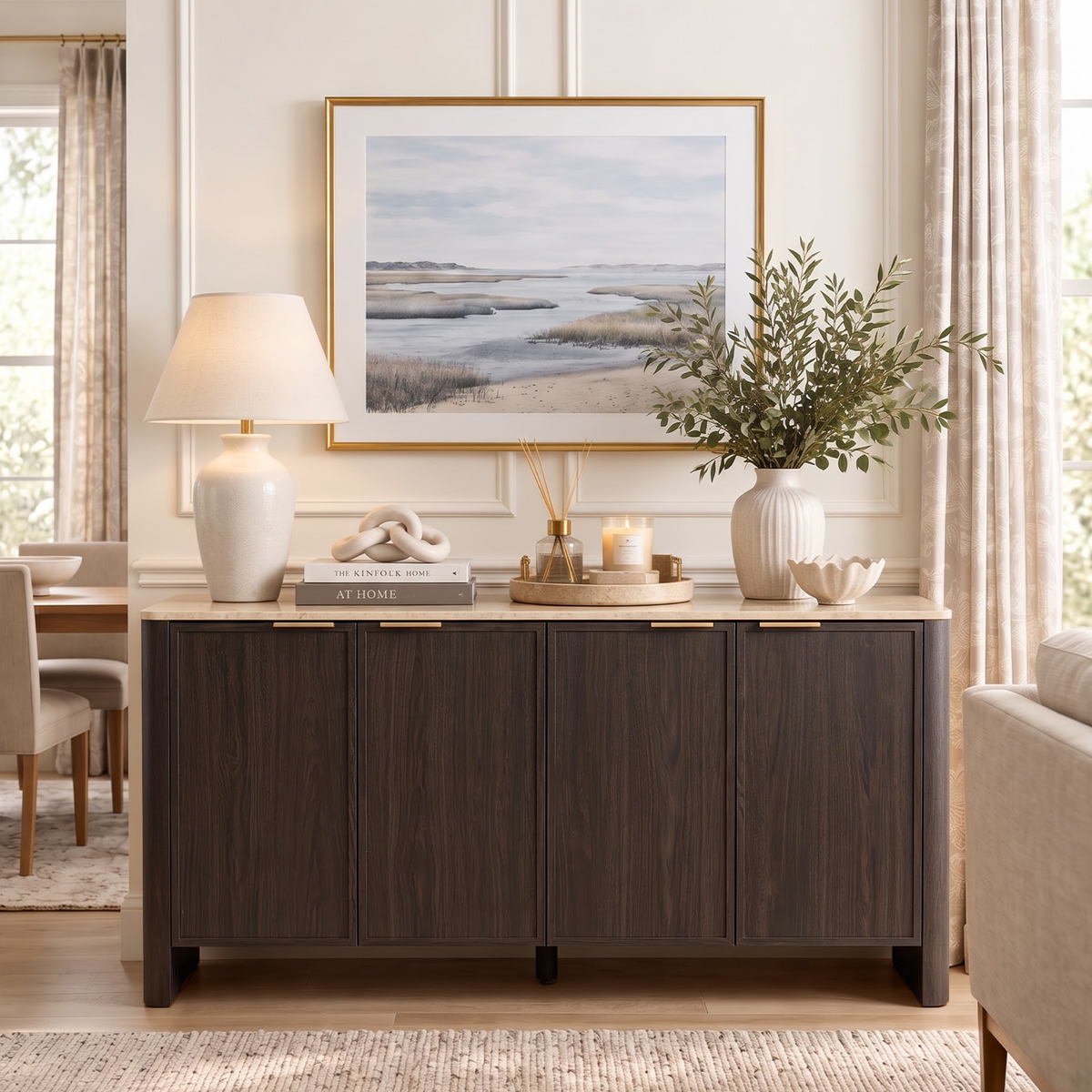 Brafabhome Modern Curved Buffet Cabinet with Storage, 63" Wide Wooden Modular Sideboard Cabinet with Faux Marble Top & Adjustable Shelf for Living Room Dining Room