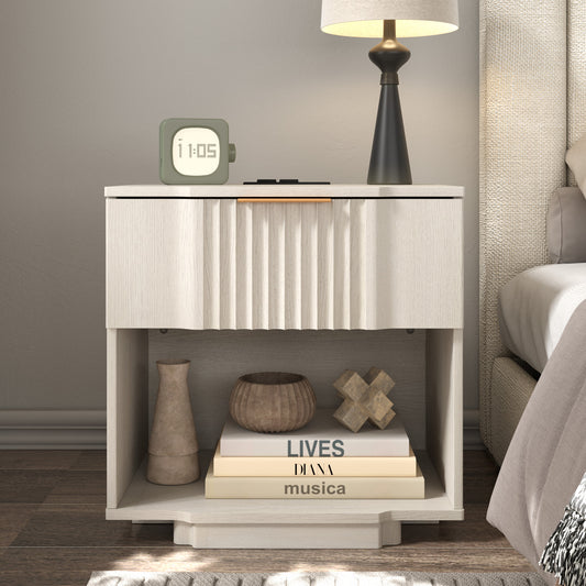 rafabhome Curved Profile Fluted Nightstand with Charging Station, Modern Large Nightstands with Drawer, Wood Bedside Table with Open Shelf for Bedroom Living Room Home Office