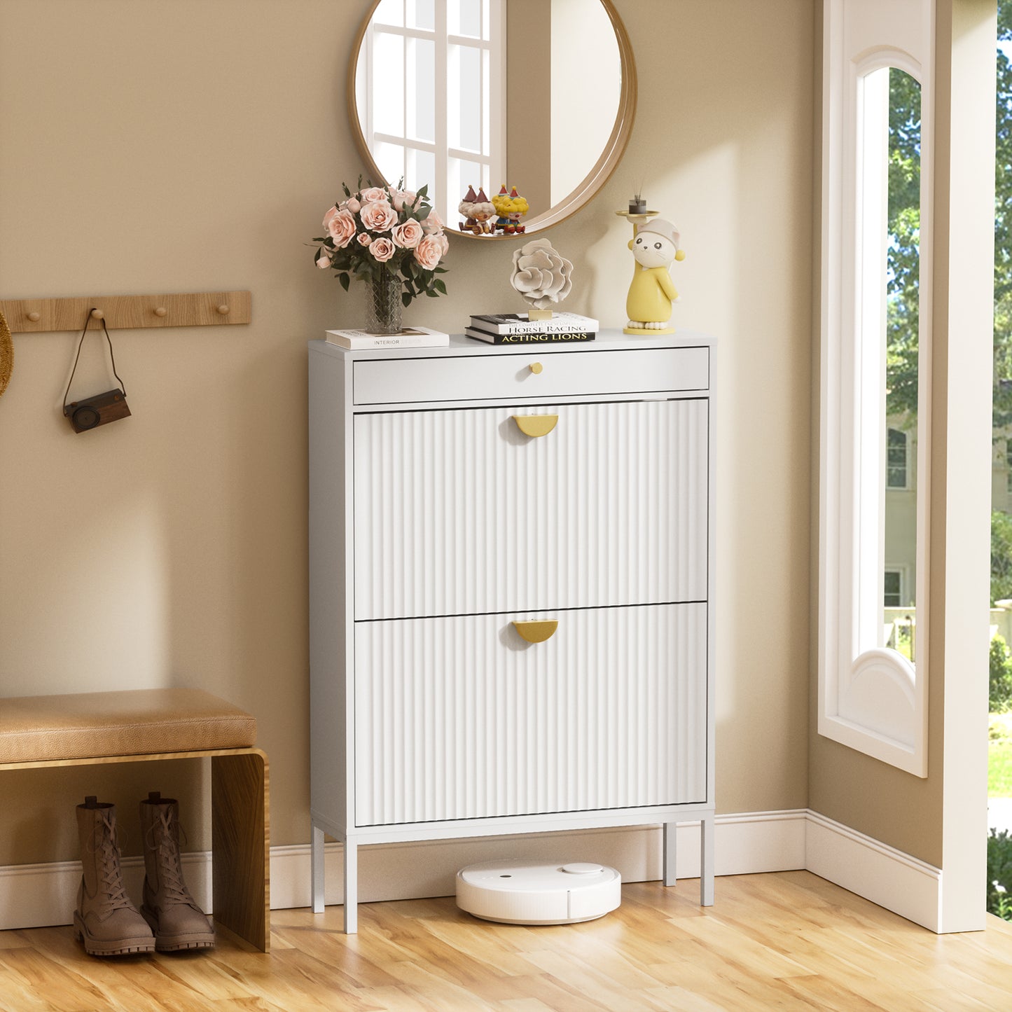 Brafabhome Shoe Storage Cabinet Slim Entryway Shoe Organizer with Half linear Circle Doors