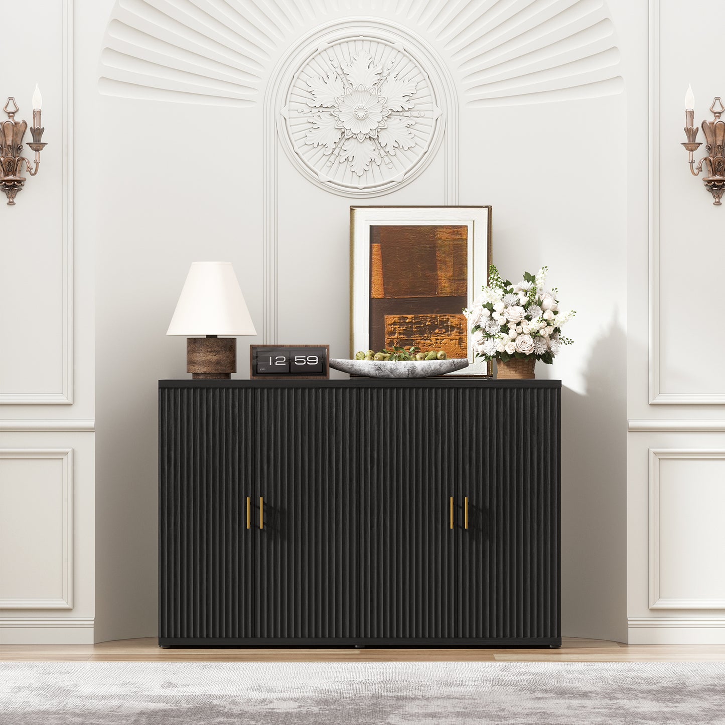 Brafabhome Accent Fluted Sideboard Buffet Cabinet with 4 Doors, Modern Credenza Storage Cabinet with Adjustable & Removable Shelves for Living Room Dinning Room Entryway