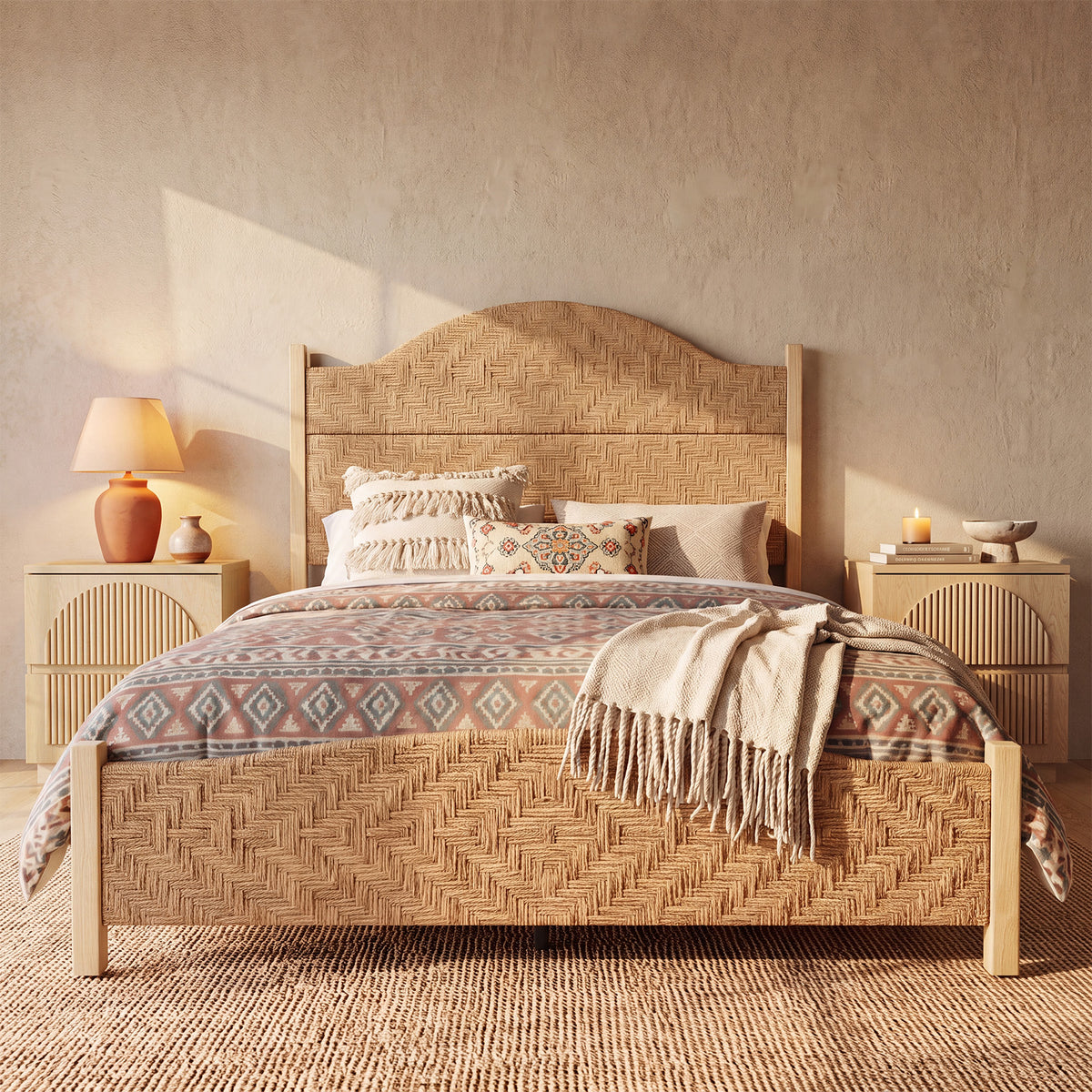 Brafabhome Bed Frame with Tall Headboard, Bohemian Hand-Woven PE Rattan Bedframe with Solid Wood Legs, No Box Spring Needed, 800lbs