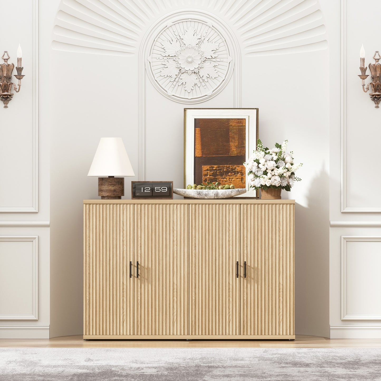Brafabhome Accent Fluted Sideboard Buffet Cabinet with 4 Doors, Modern Credenza Storage Cabinet with Adjustable & Removable Shelves for Living Room Dinning Room Entryway