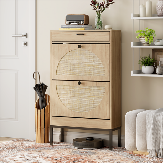 Brafabhome Narrow Shoe Storage Cabinet with 2 Flip Drawers, Rattan Floor Shoe Holder with Shelves & Sturdy Legs for Entryway | 12 Pairs