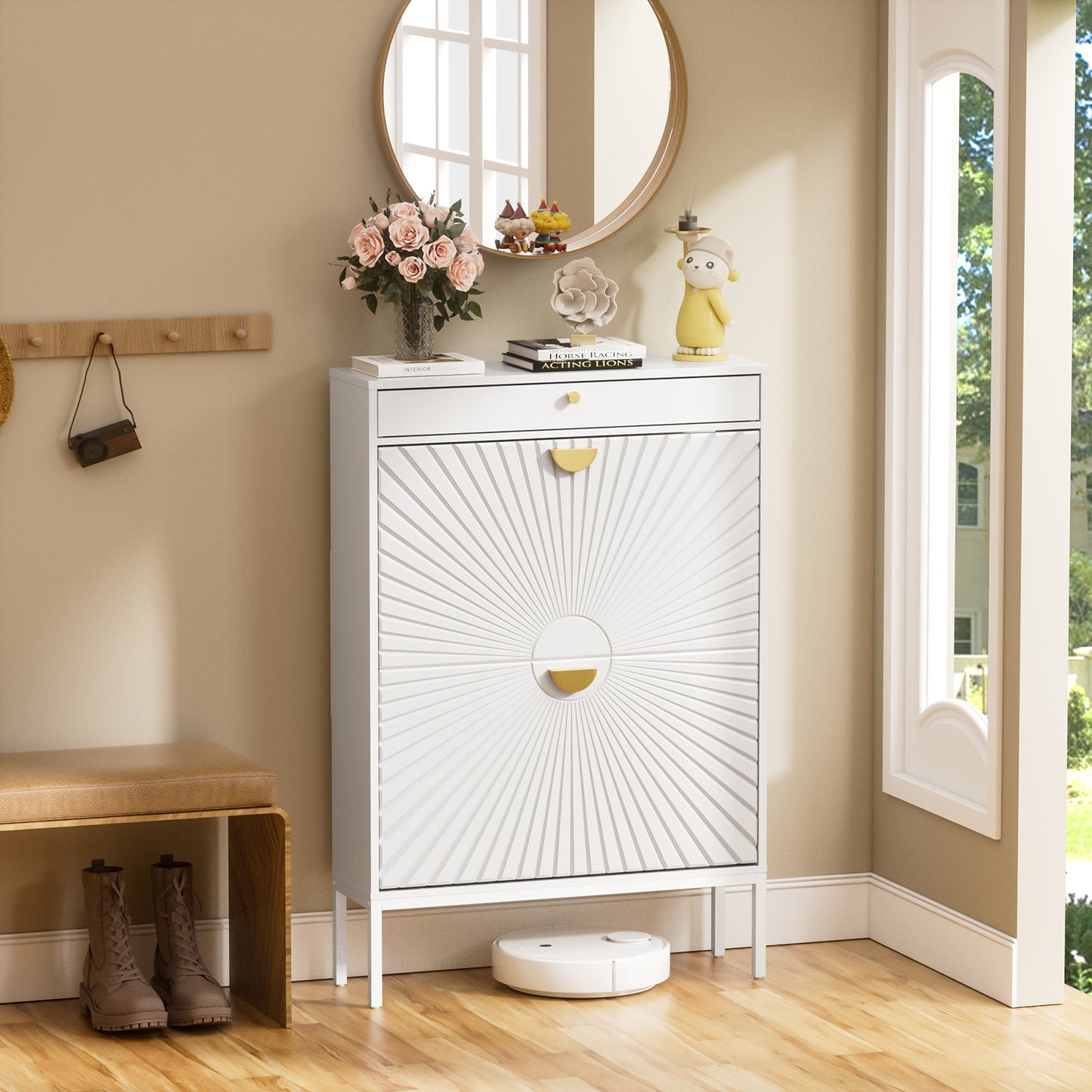 Brafabhome Shoe Storage Cabinet Slim Entryway Shoe Organizer with Half linear Circle Doors