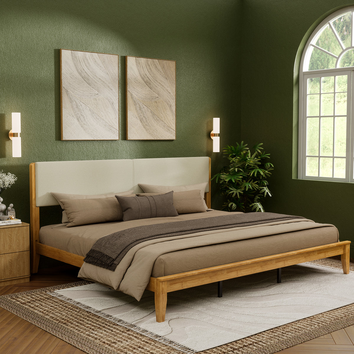 Brafabhome Bed Frame with Upholstered Headboard, Joinery Bamboo Wood Platform Bed with Noise Free Wood Slats, Easy Assembly, No Box Spring Needed