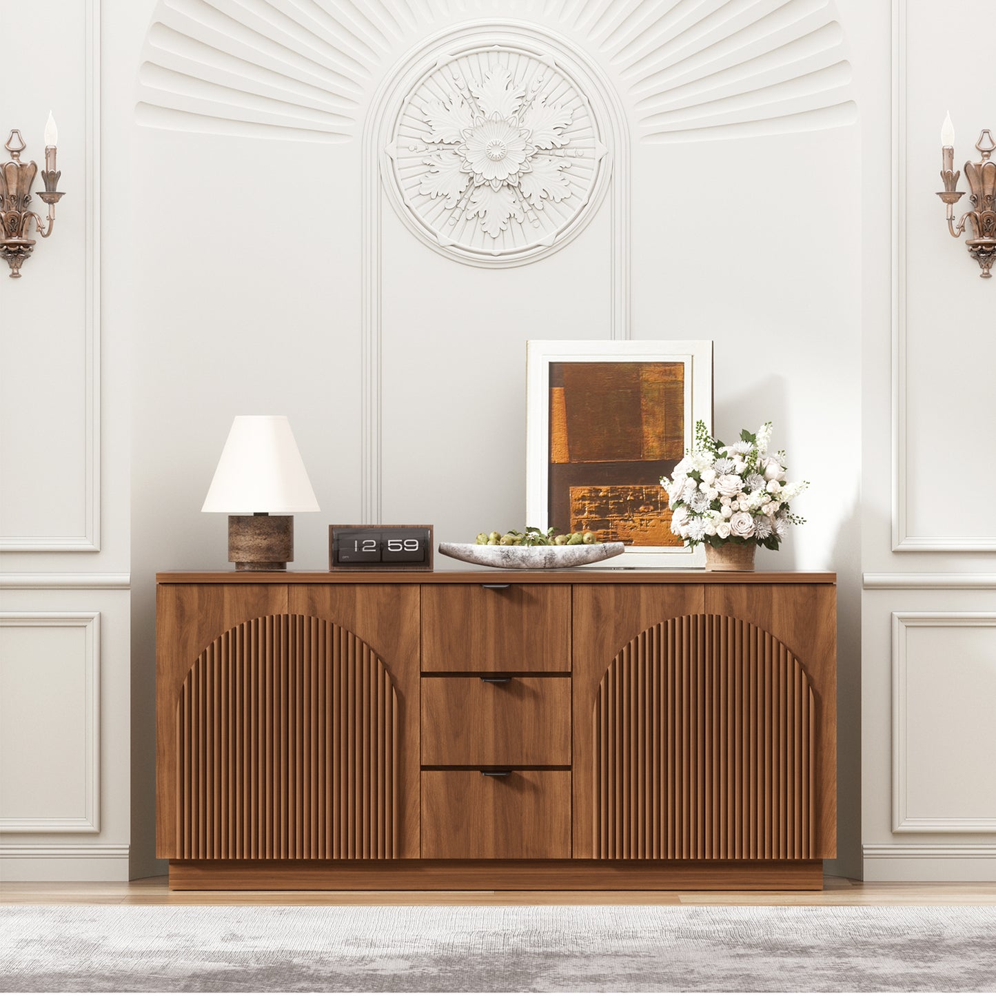 Brafabhome 67" Fluted Sideboard Buffet Cabinet with 3 Drawers, Modern Credenza Storage Cabinet with Arched Reeded Design Doors & Adjustable Shelves