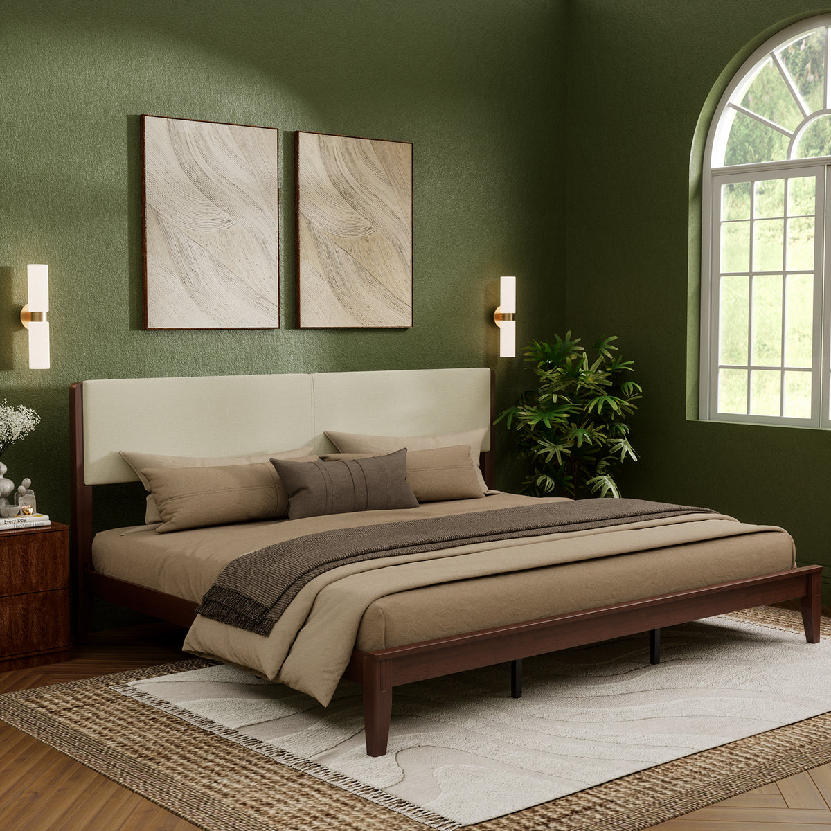 Brafabhome Bed Frame with Upholstered Headboard, Joinery Bamboo Wood Platform Bed with Noise Free Wood Slats, Easy Assembly, No Box Spring Needed
