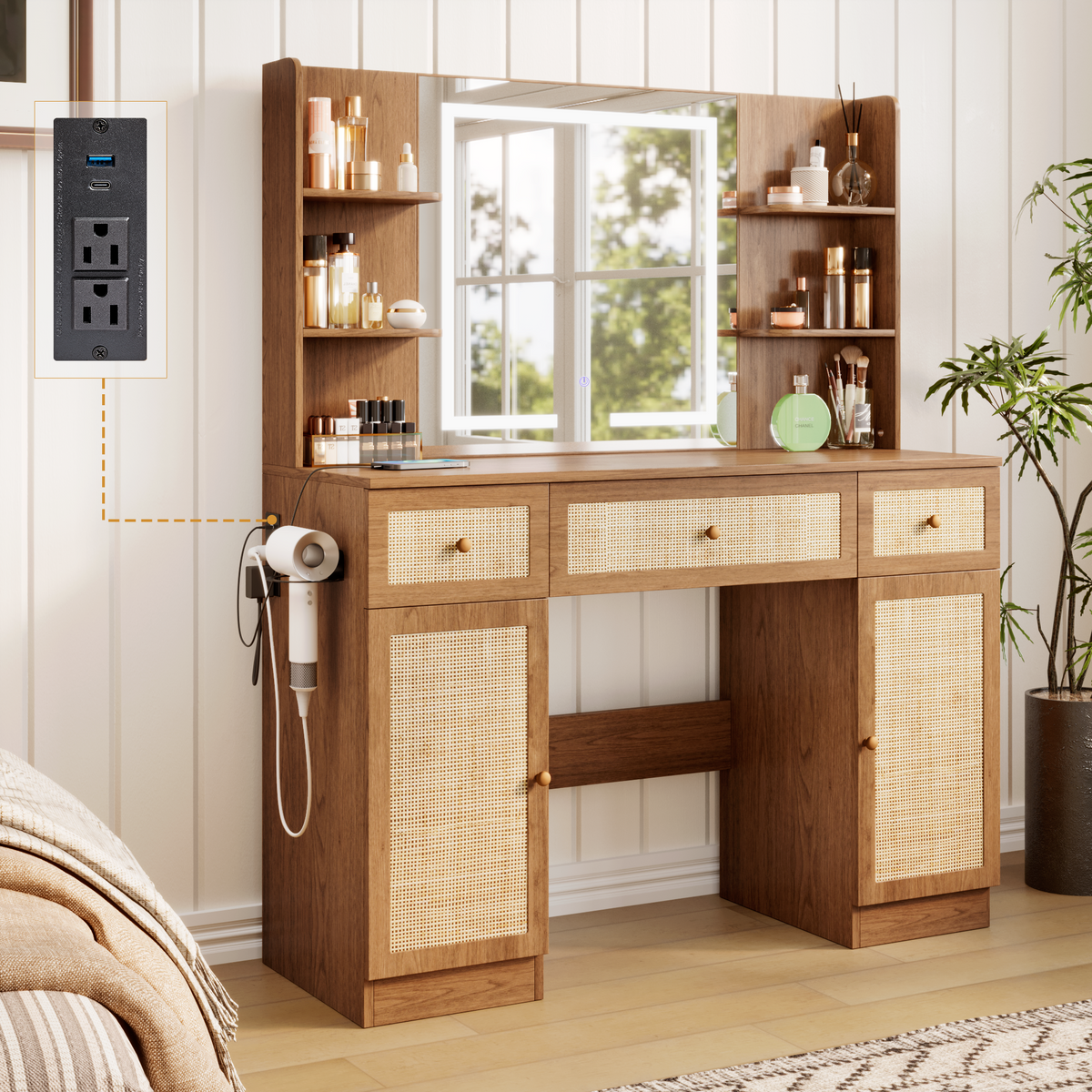 Brafabhome Boho Makeup Vanity Table with Lighted Mirror and USB Power, Rattan Vanity Table with Storage Shelves and Hair Dryer Stand for Makeup Room Bedroom