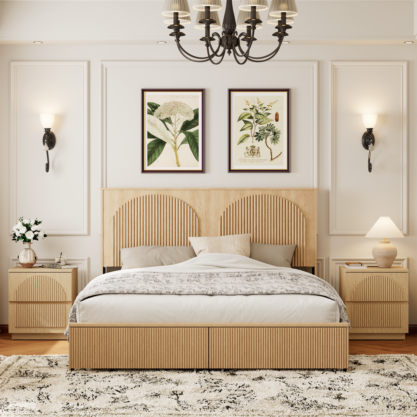 Brafabhome Bed Frame with 52.4" Tall Headboard, Wooden Fluted Bed Frame with 2 Storage Drawers, Modern Arched Reeded Platform Bed, No Box Spring Needed, Natural Oak