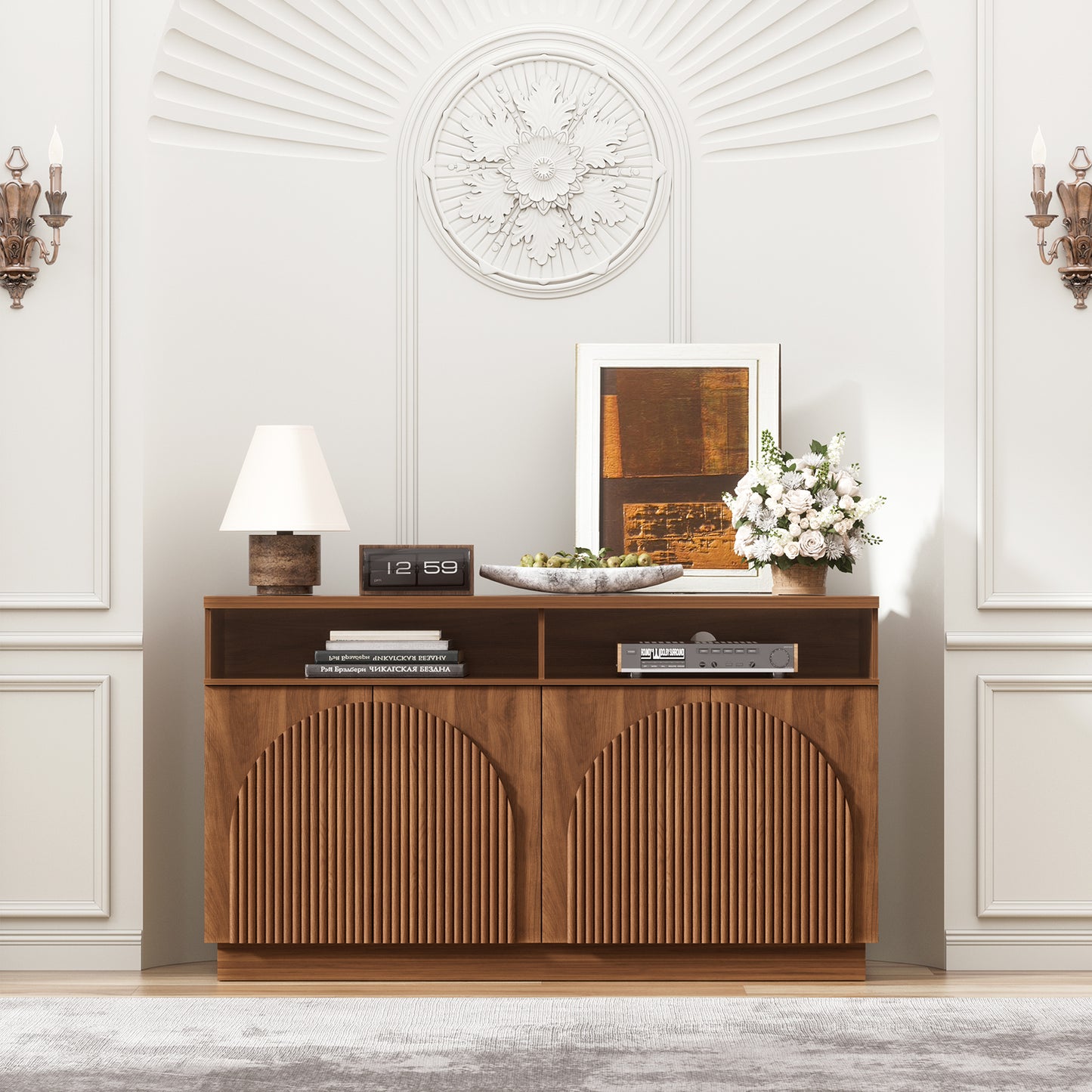 Brafabhome 55" Fluted Sideboard Buffet Cabinet with Arched Reeded Doors, Modern Credenza Storage Cabinet with Open Storage & Adjustable Shelves for Living Room & Dinning Room