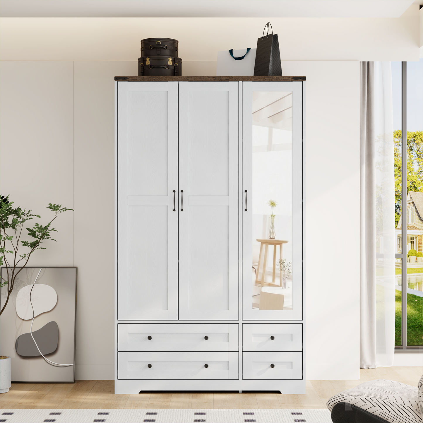 Brafabhome 71"H Wooden Armoire Wardrobe Closet with 4 Drawers, 3 Doors Modern Wardrobe Cabinet with Mirror and Adjustable Shelf for Clothes Coats, White