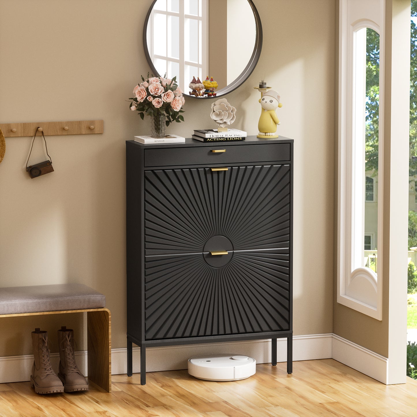 Brafabhome Shoe Storage Cabinet Slim Entryway Shoe Organizer with Half linear Circle Doors