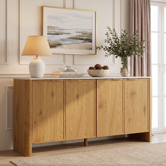 Brafabhome Modern Curved Buffet Cabinet with Storage, 63" Wide Wooden Modular Sideboard Cabinet with Faux Marble Top & Adjustable Shelf for Living Room Dining Room