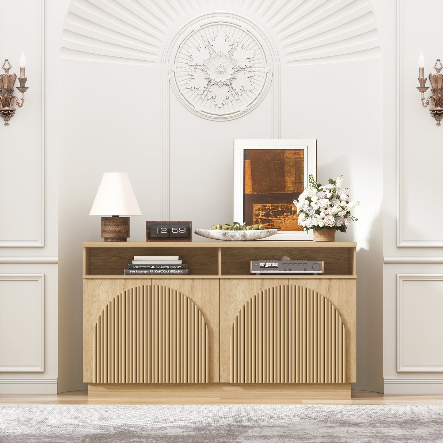 Brafabhome 55" Fluted Sideboard Buffet Cabinet with Arched Reeded Doors, Modern Credenza Storage Cabinet with Open Storage & Adjustable Shelves for Living Room & Dinning Room
