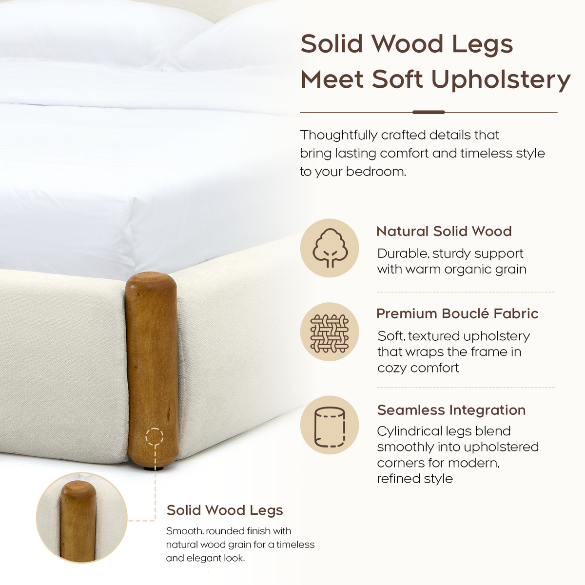 Brafabhome AirFrame Bed Frame with 5.5" Thick Curved Headboard, Modern Cloud Upholstered Platform Bed Frame with Solid Wood Legs, No Box Spring Needed, Easy Assembly | White