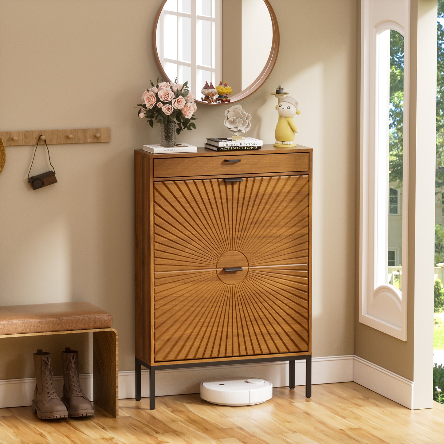 Brafabhome Shoe Storage Cabinet Slim Entryway Shoe Organizer with Half linear Circle Doors