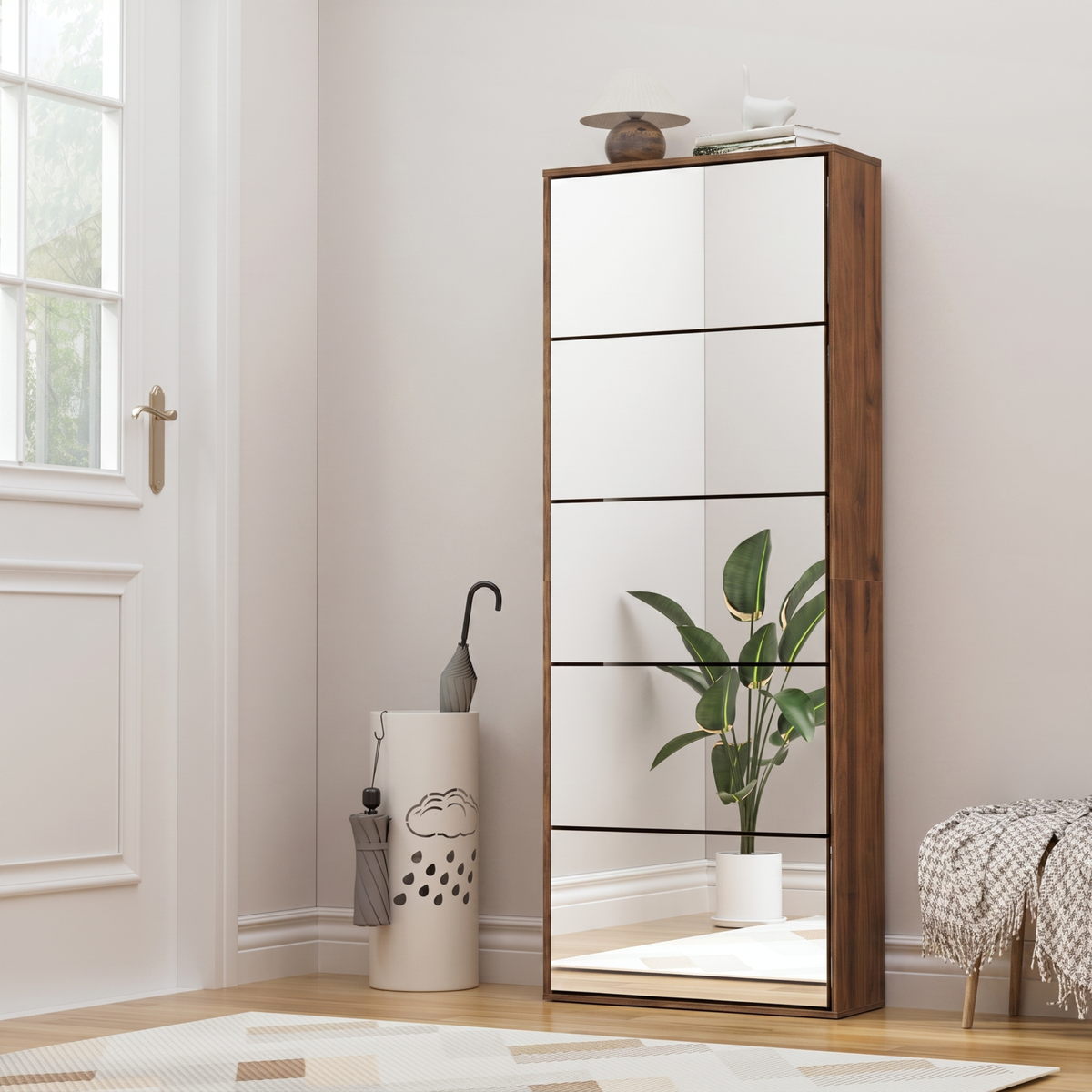 Brafabhome Mirror Shoe Cabinet with 5 Flip Doors, 30-Pairs Shoe Organizer Cabinet for Hallway, Modern Entryway Shoe Storage for Slippers Sneakers | Nature